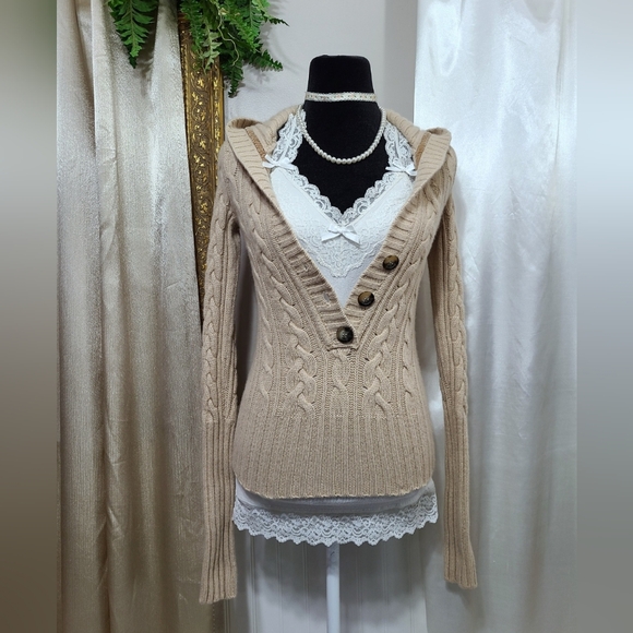 ♡ Y2K ♡ Abercrombie Wool Rabbit Hair Cableknit Hooded Henley Sweater - Picture 1 of 10